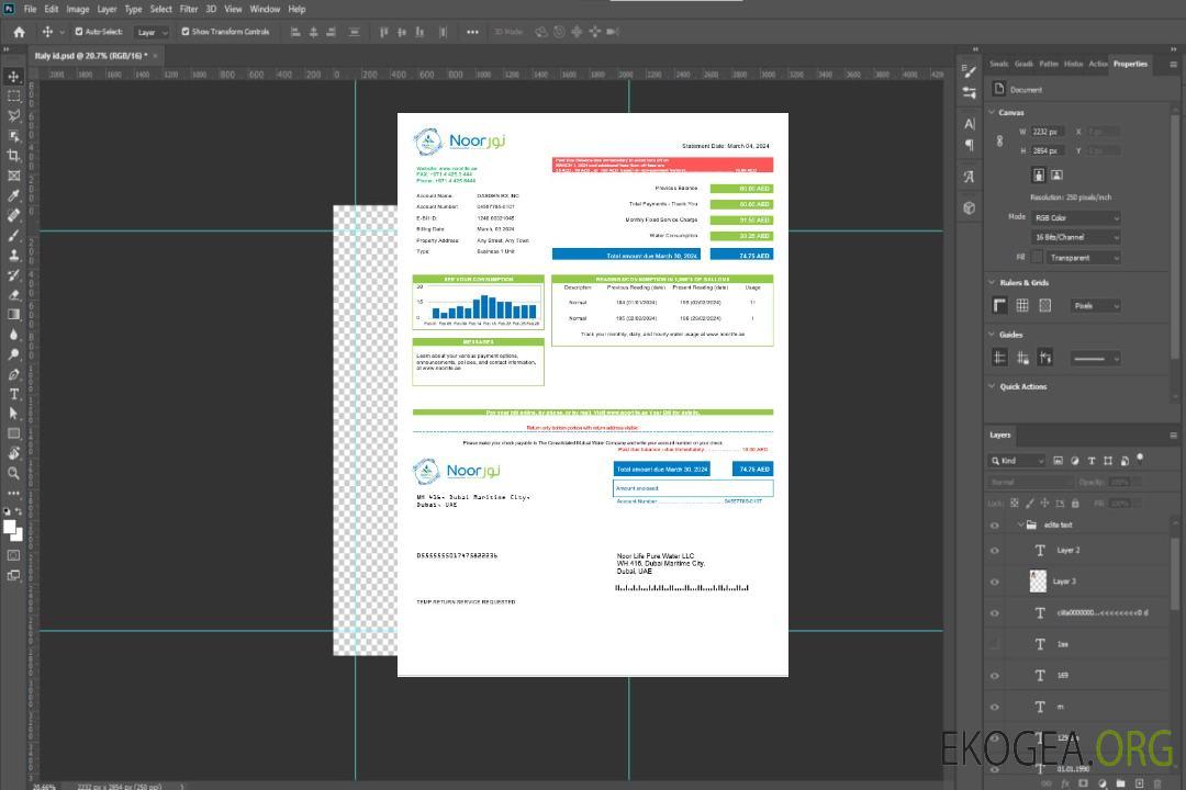 Modèle de facture de services publics des Émirats arabes unis Noor Life Pure Water LLC aux formats Word et PDF template